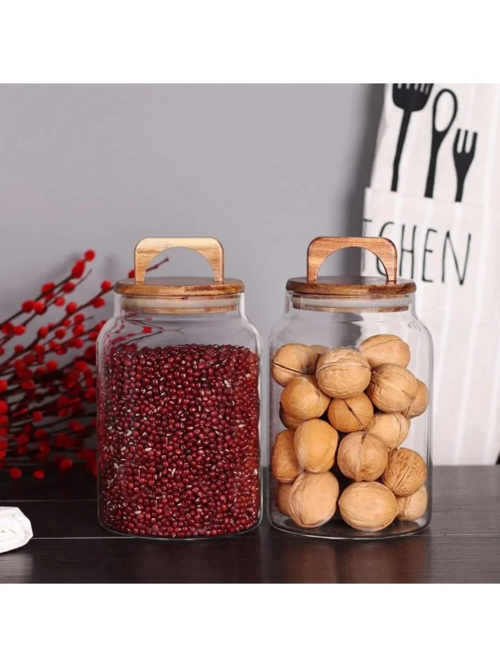 Airtight Glass Canister Set of 2 with Acacia Lids for Kitchen Storage - Food